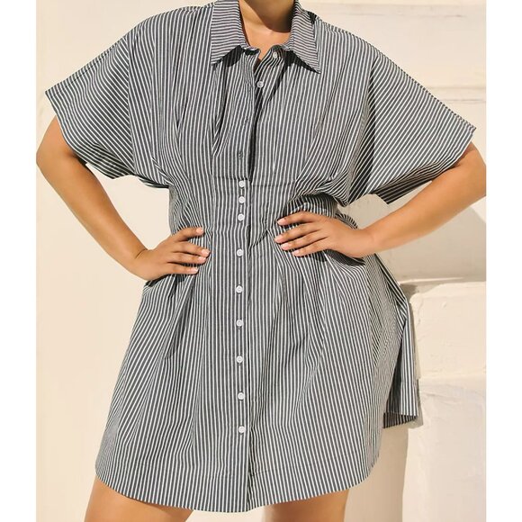 The Tobie Mini Shirt Dress by Exquise Color Black & White Stripe - Picture 3 of 4